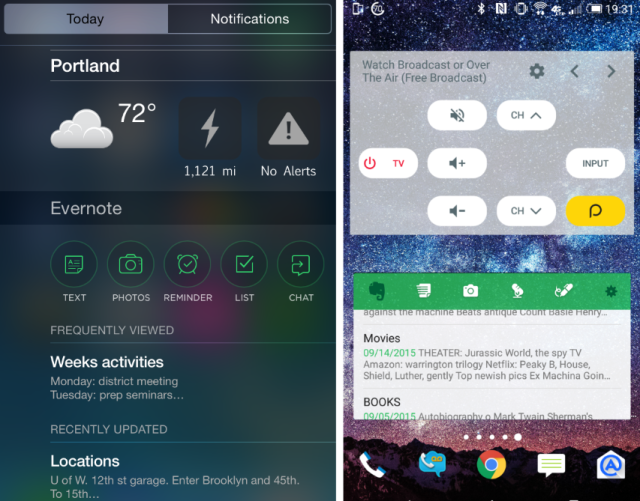 Apple notification shade with widgets (L). Android screen with widgets (R).